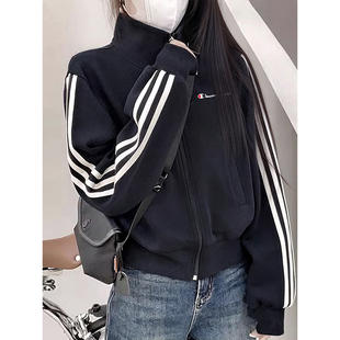 季新款三条杠拉链卫衣外套女宽松情侣运动棒球服立领加厚上衣