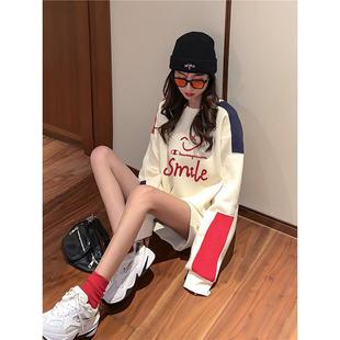 运动外套情侣新款 季 冠军圆领卫衣套头女秋冬棉加厚潮流撞色中长款