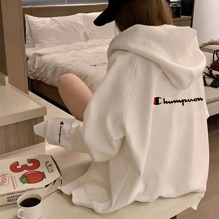 正品2023秋冬季冠军卫衣女连帽开衫宽松加绒加厚时尚减龄拉链外套