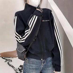 季冠军新款三条杠拉链卫衣外套女宽松情侣运动棒球服立领加厚上衣