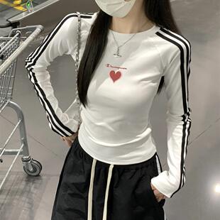 美版冬季t恤女撞色打底衫修身显瘦长袖棉内搭辣妹风卫衣