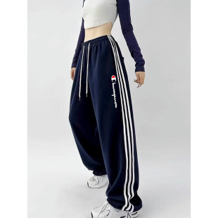 夏季 裤 冠军休闲运动卫裤 束脚高腰直筒条纹阔腿工装 男潮 女时尚 美式
