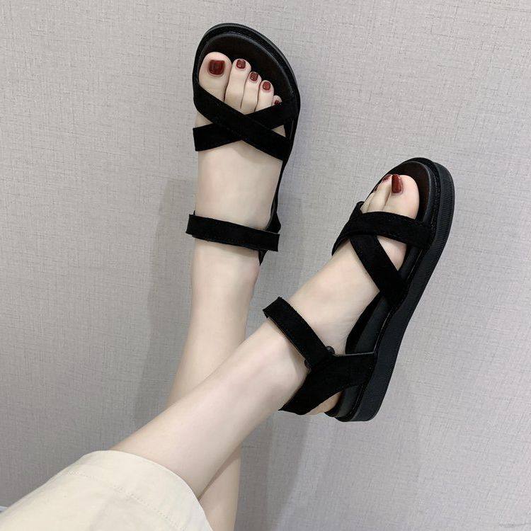夏季百搭韩版凉鞋女黑色厚底夏季交叉罗马平底魔术贴沙滩休闲凉鞋,女鞋,休闲凉鞋,淘宝优惠券,粉丝福利购,淘宝优惠卷