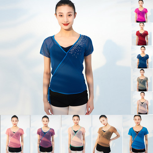 古典舞身韵纱衣舞蹈服女现代舞艺考基训服绑带上衣短袖芭蕾练功服 - 封面