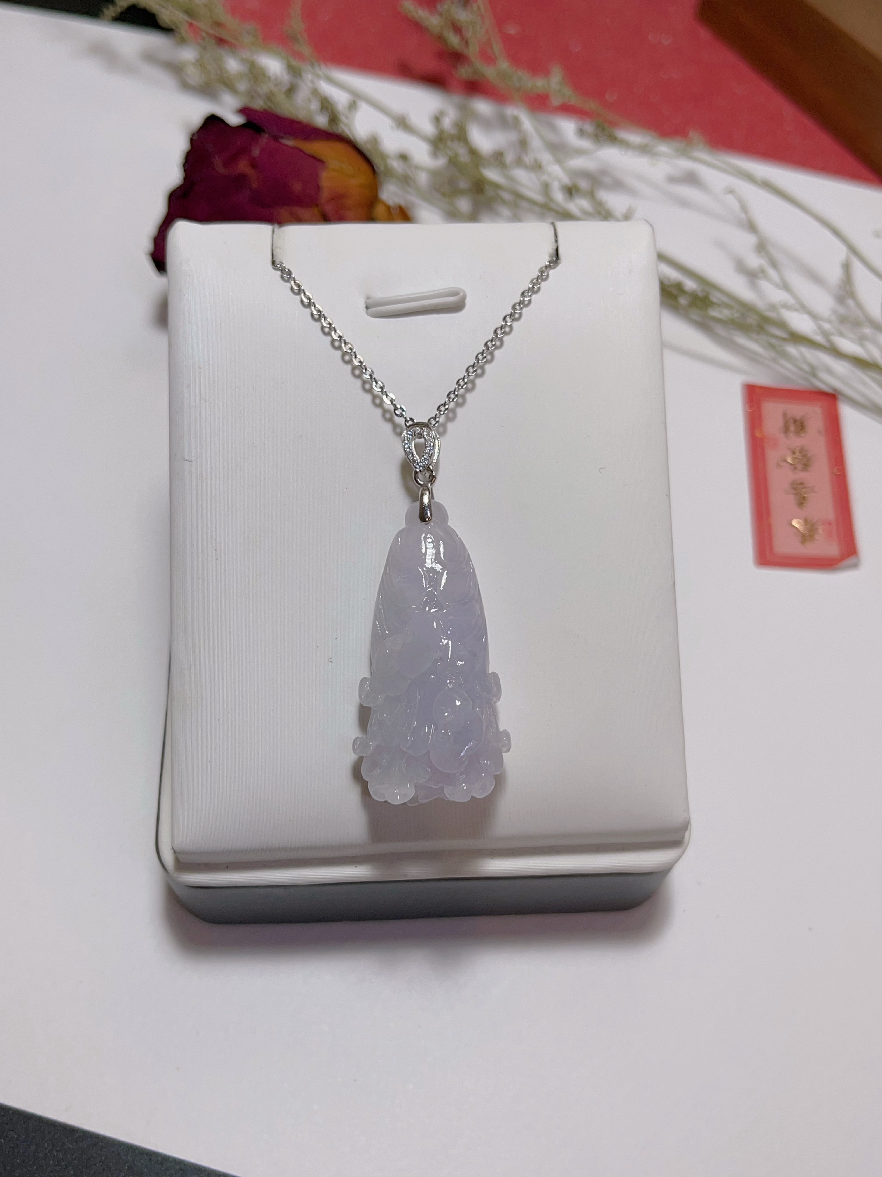 玖紫 925银镶天然翡翠白菜吊坠翡翠百财吊坠淡紫罗兰底色带证书
