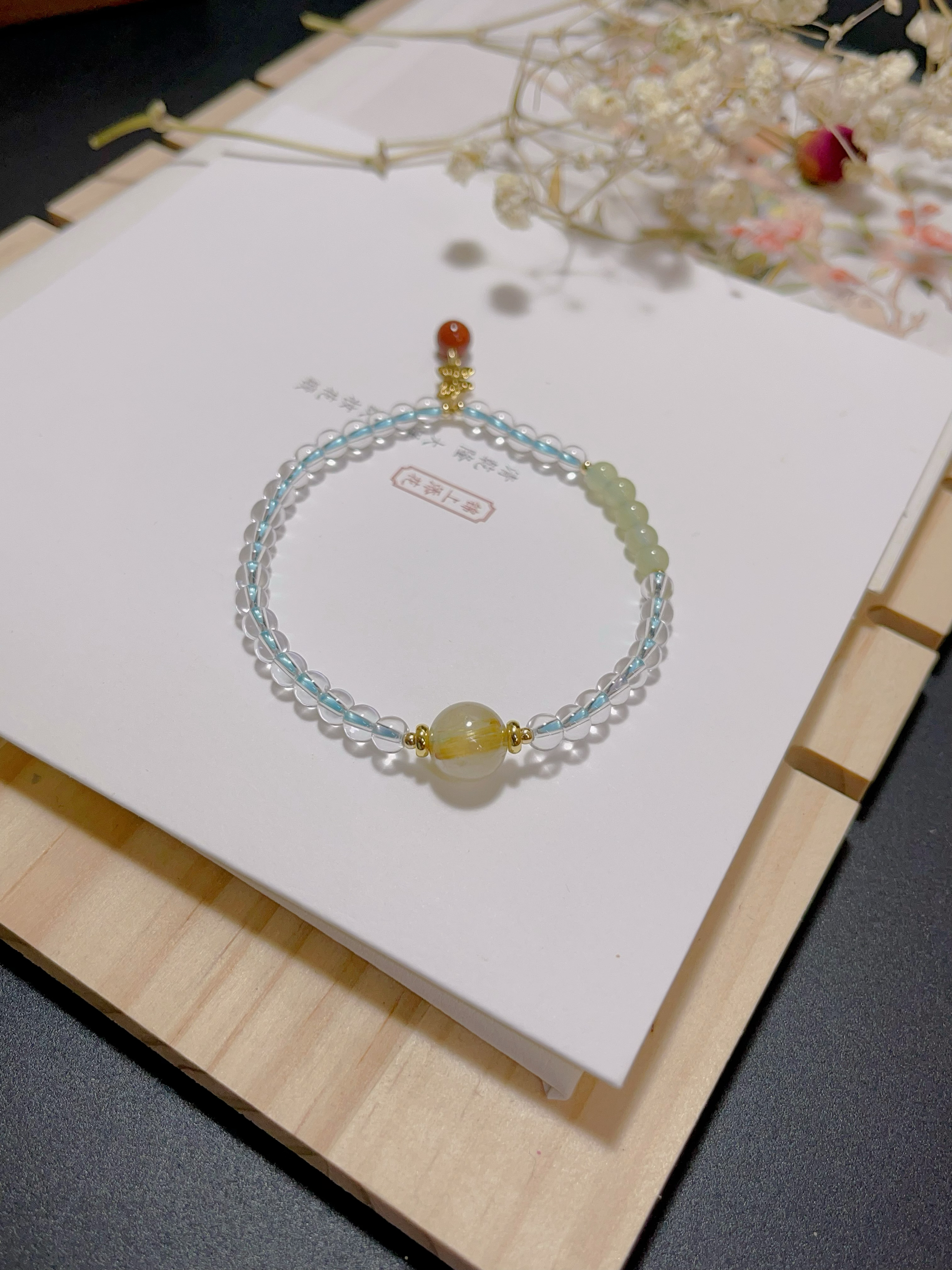 玖紫天然白水晶手链6mm 金发晶南红手链和田玉晴水明星同款手链