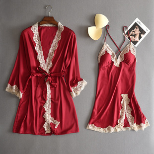 新娘结婚晨袍睡衣女夏季冰丝绸性感蕾丝吊带胸垫睡裙衣袍两件套装