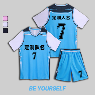 女款女生女童学生假两件短袖篮球服运动健身套装定制印刷3009天蓝