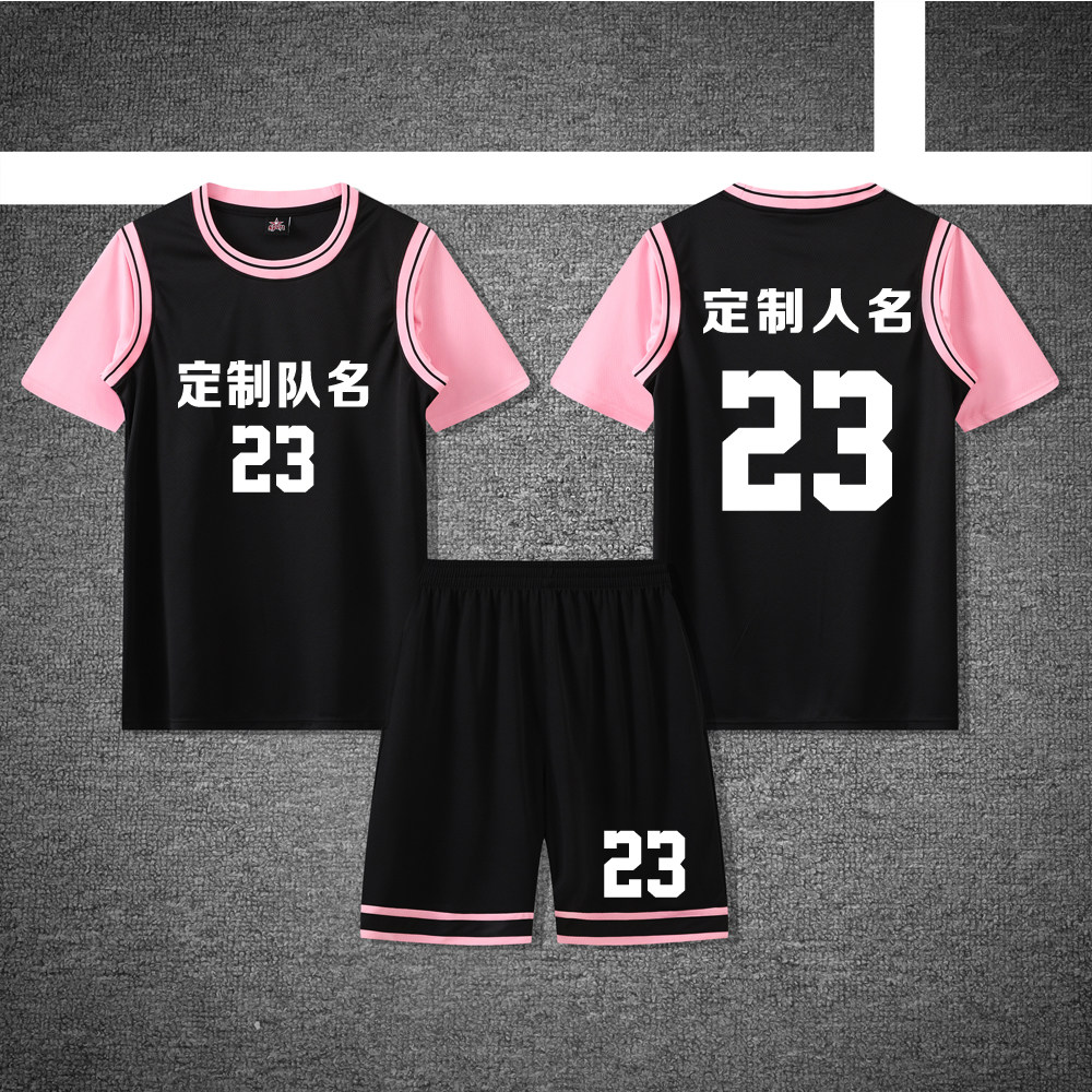 女款女士女生学生假两件短袖篮球服运动健身套装定制印刷A833黑粉