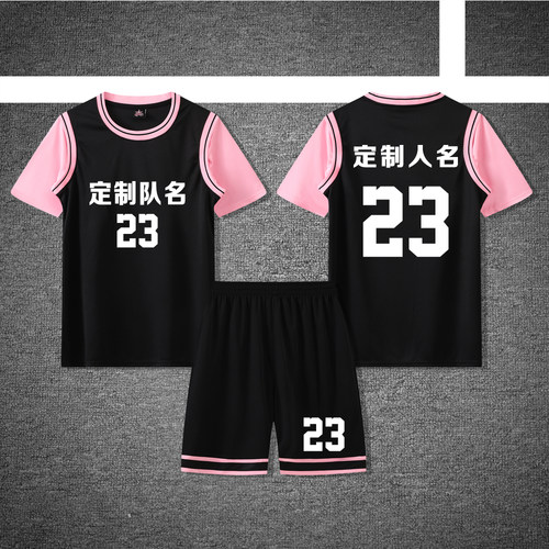 女款女士女生学生假两件短袖篮球服运动健身套装定制印刷A833黑粉