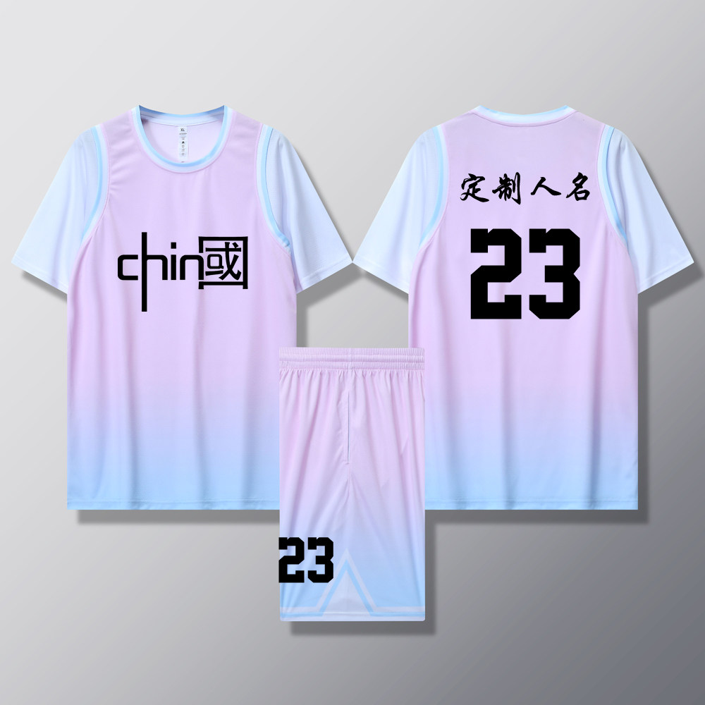 女款女生女童学生假两件短袖篮球服运动健身套装定制印刷B002浅粉