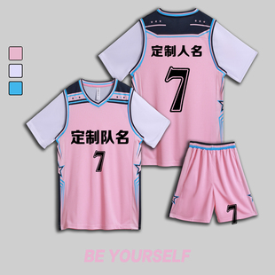 女款女生女童学生假两件短袖篮球服运动健身套装定制印刷3009粉色