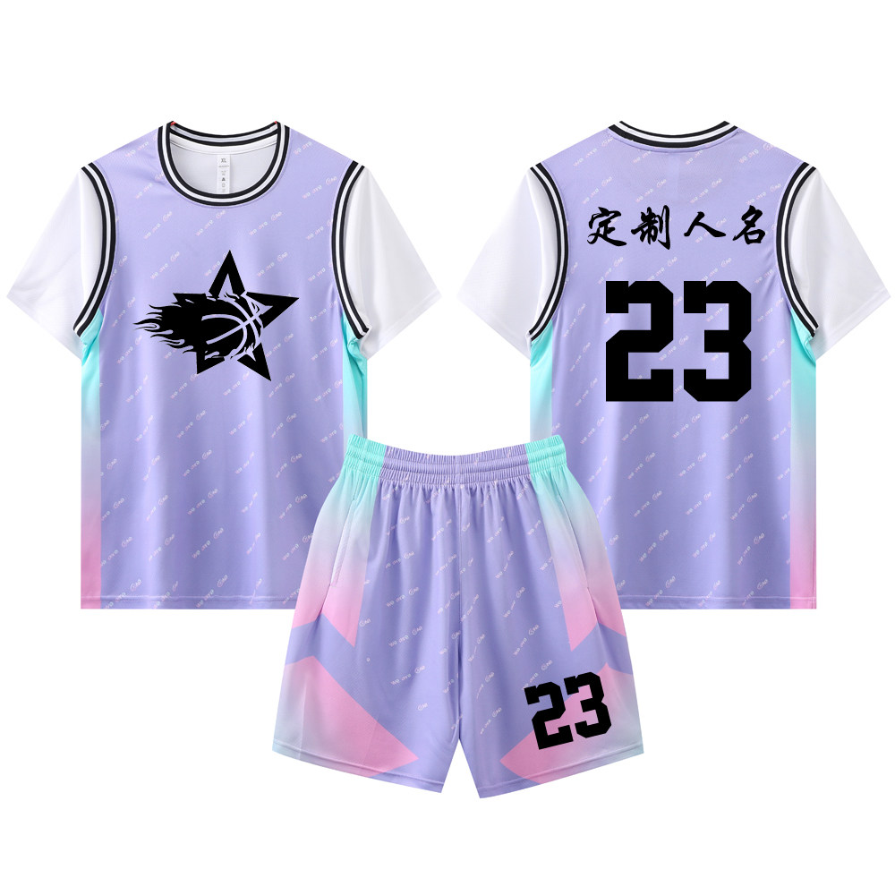 女款女生女童学生假两件短袖篮球服运动健身套装定制印刷B005紫色