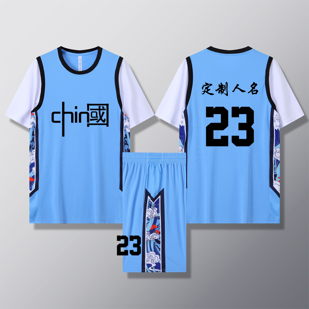 女款女生女童学生假两件短袖篮球服运动健身套装定制印刷B003天蓝