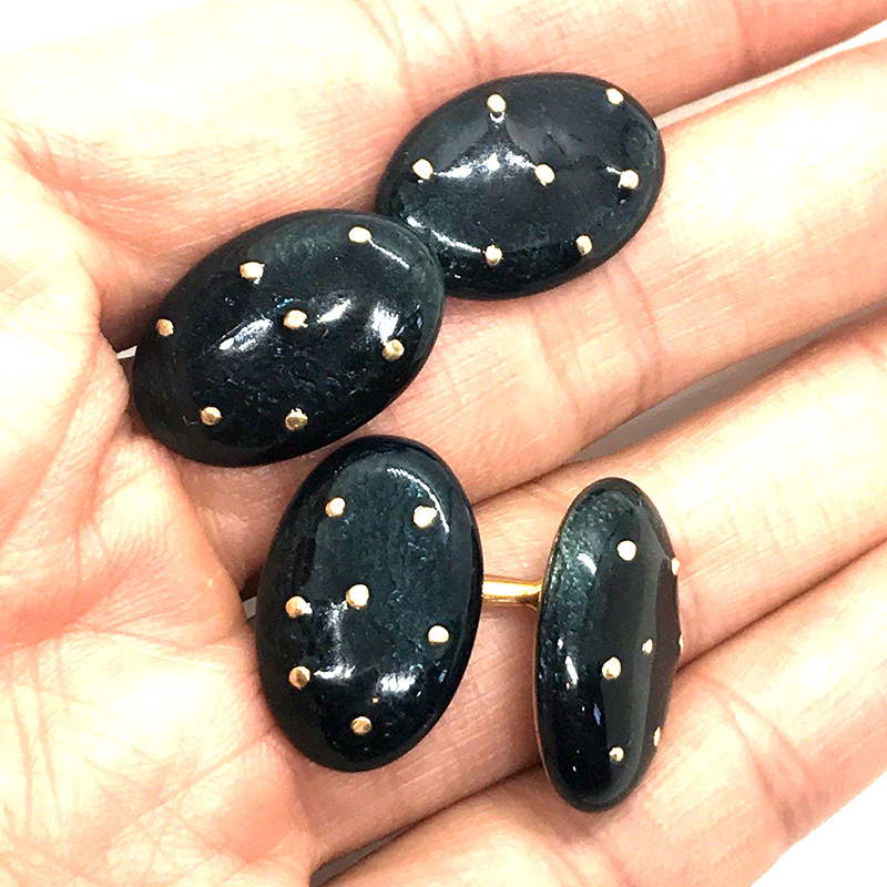 精奇首饰古董14K黄金孔雀深绿色珐琅椭圆形星点袖扣9.1克推荐漂亮