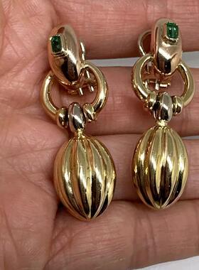 精奇首饰Sidra Brev 18K黄玫瑰两金绿宝石门环吊坠耳环凹槽漂亮酷