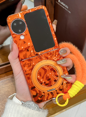适用oppofindn3flip手机壳橙色电镀新款Find N5折叠屏超薄防摔外壳n2flip水波纹硬壳解压旋转磁吸支架保护套