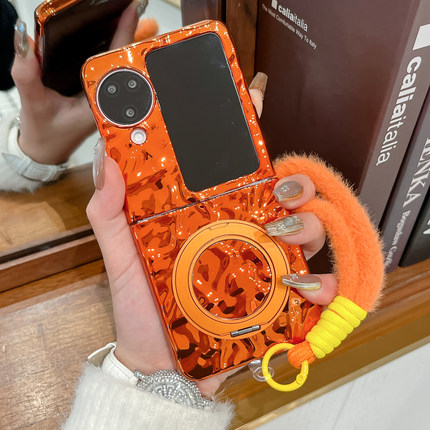 适用oppofindn3flip手机壳橙色电镀新款Find N5折叠屏超薄防摔外壳n2flip水波纹硬壳解压旋转磁吸支架保护套