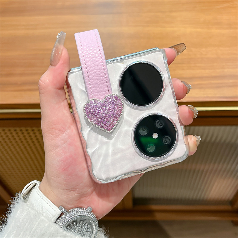 适用华为pocket2手机壳新款pocket S折叠屏透明外壳p50pocket爱心手带全包防摔女手提简约水波纹硬壳保护套