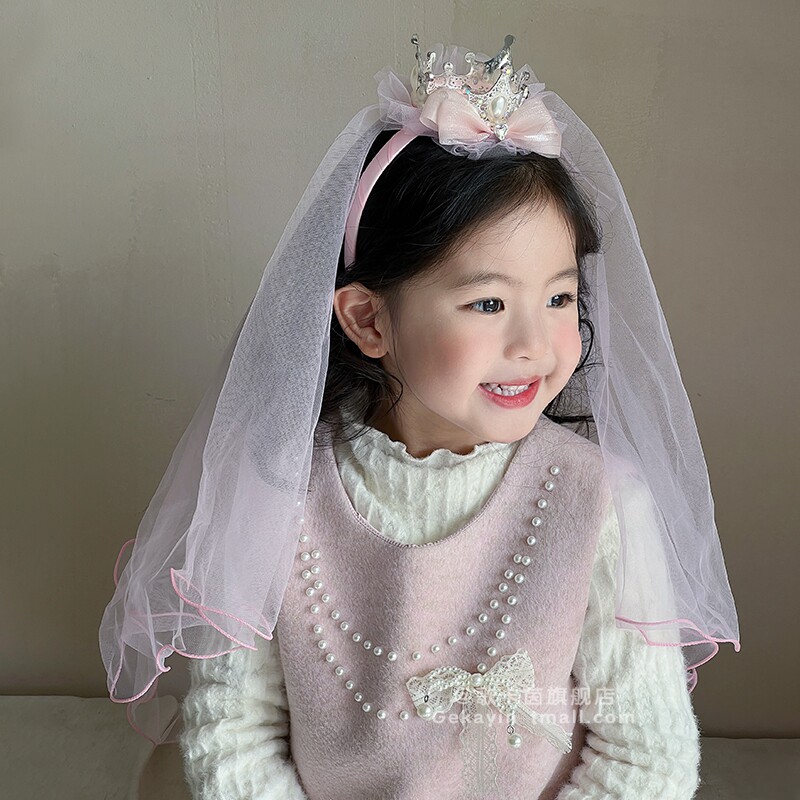 粉色皇冠头纱头饰儿童2026新款生日高端蝴蝶结王冠公主裙发饰女童