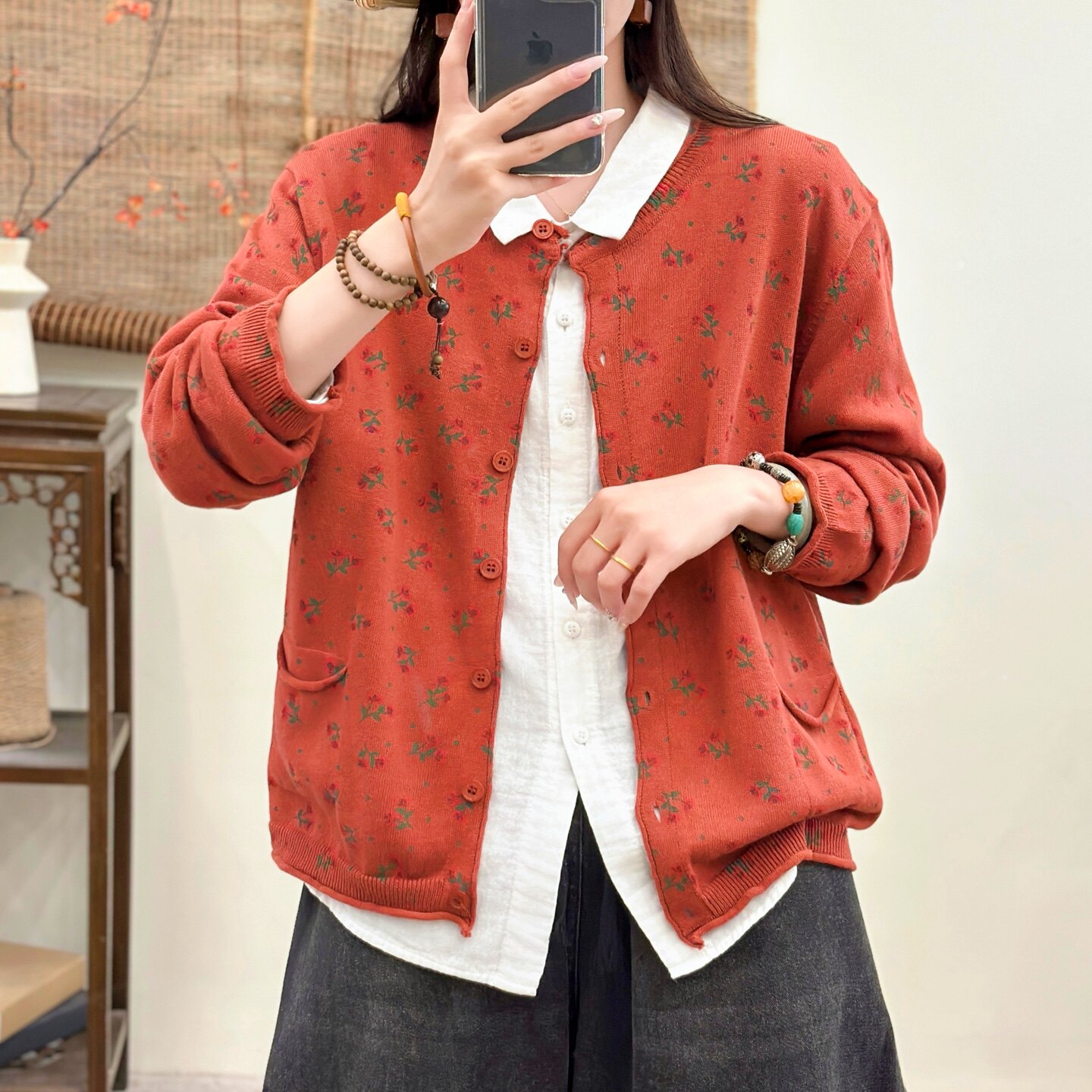 秋季新款卷边复古印花针织开衫女宽松百搭棉线毛衣外套休闲上衣