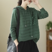 芳芳文艺秋冬新款 复古棉线针织上衣女镂空钩花套头连帽休闲毛衣