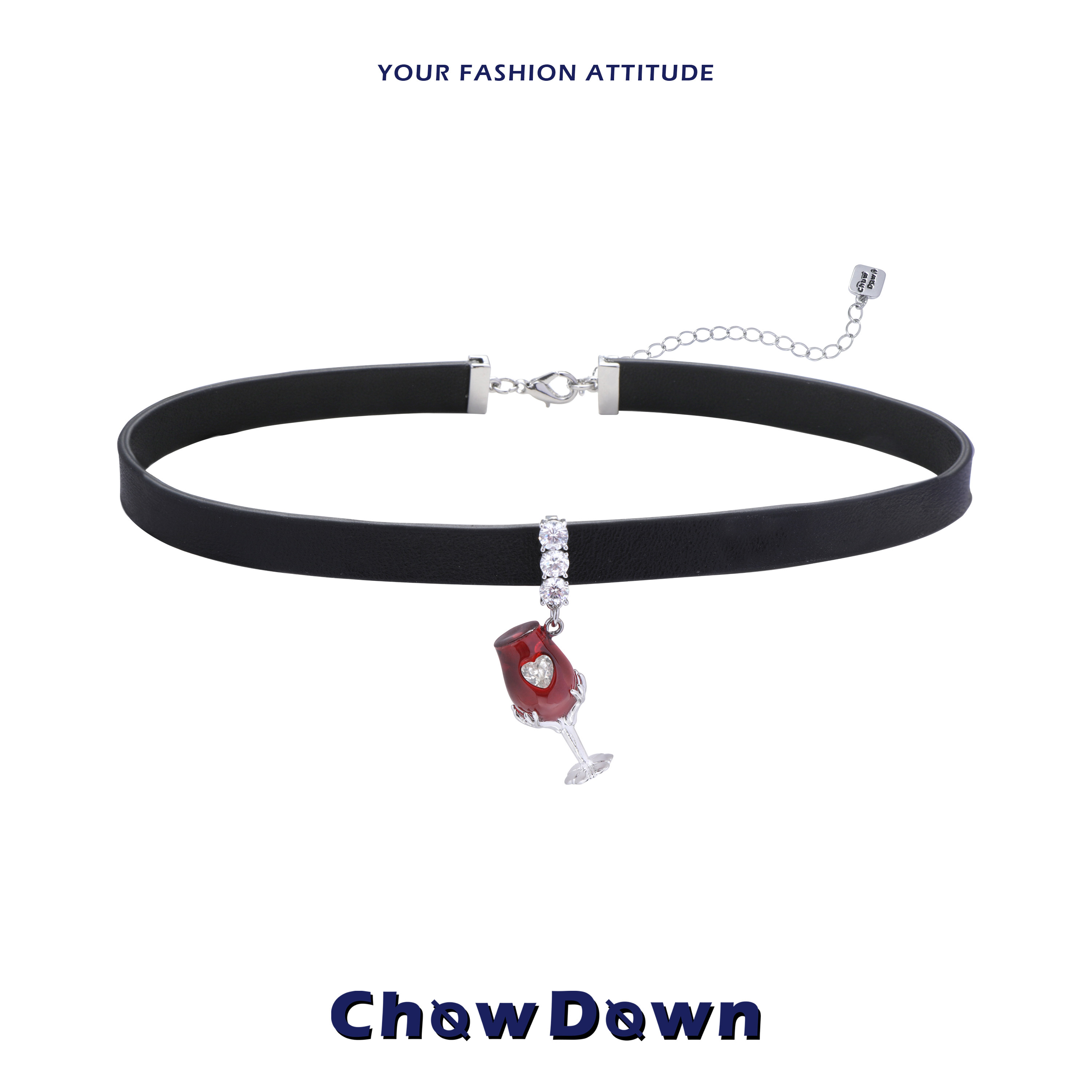 CHOWDOWN微醺红酒杯皮革颈链choker小众辣妹锁骨链立体甜酷吊坠