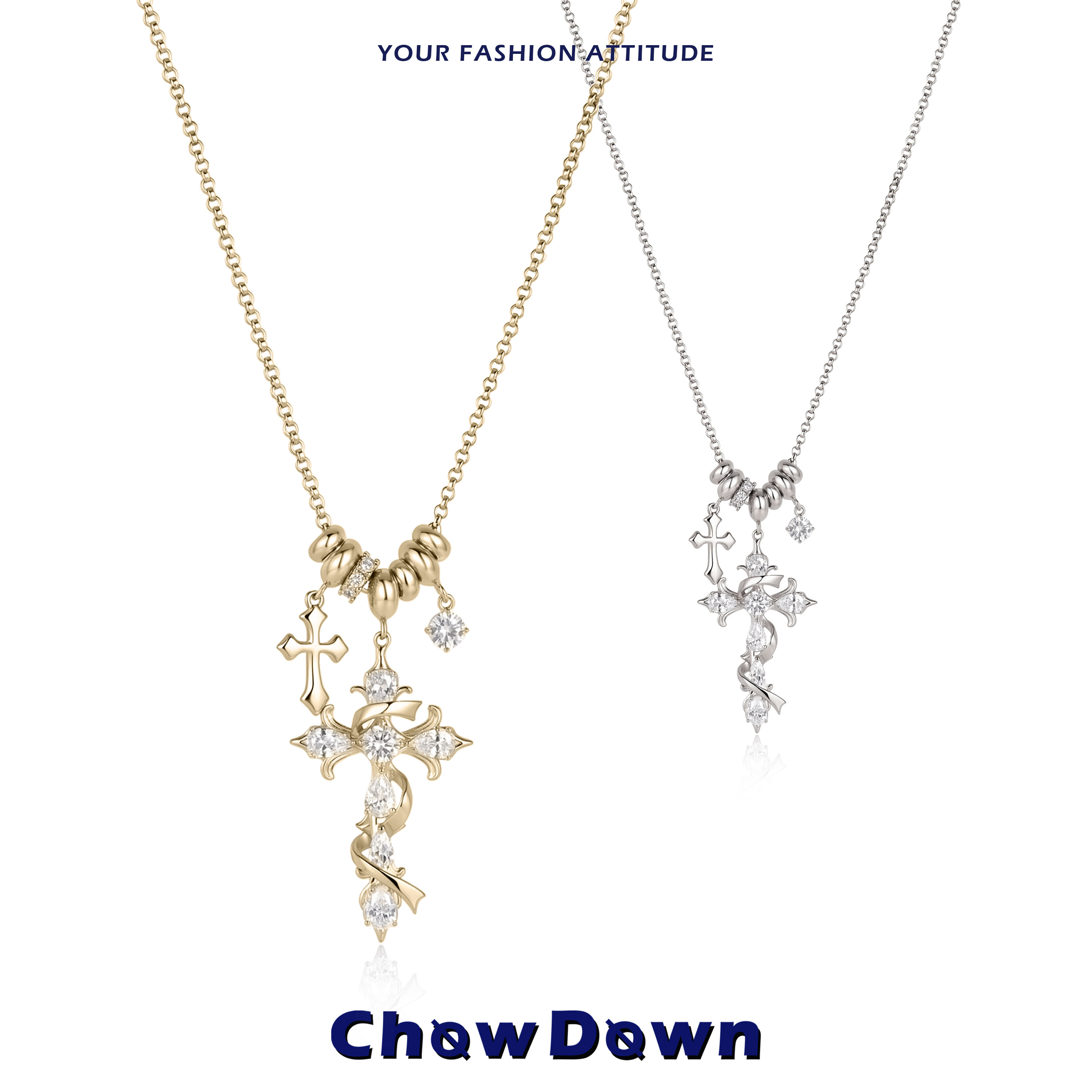 CHOWDOWN鎏星十字系列简约吊坠长项链新款金色卫衣链毛衣链十字架