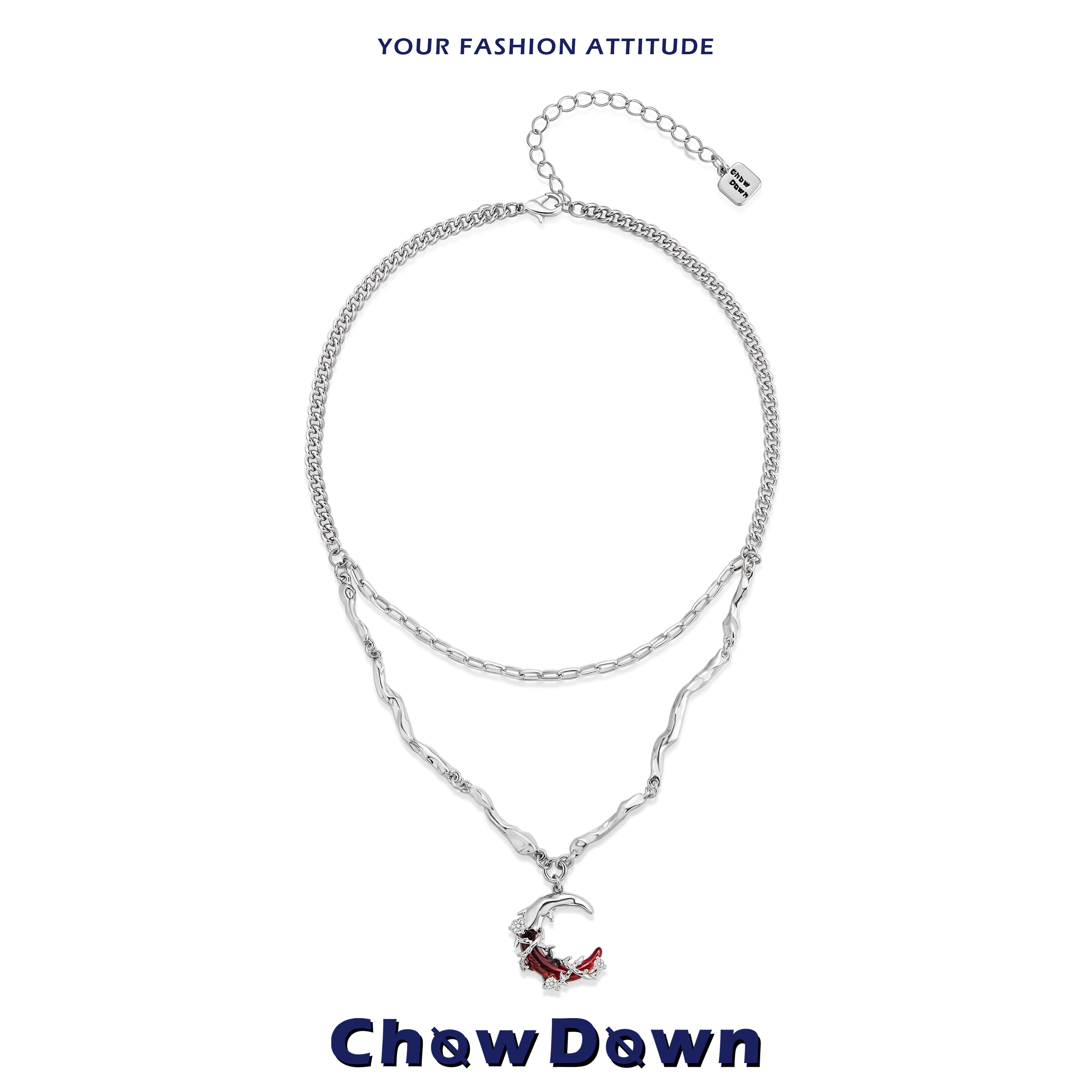 CHOWDOWN红色月牙双层叠戴项链
