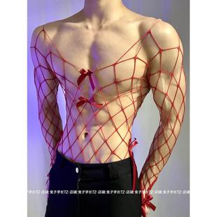 红色肚兜新年礼物肌肉男性感男士情调内衣连体套装连体脚丝袜网衣
