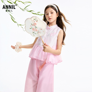 安奈儿童装 套装 女童套装 2026夏背心休闲裤 亲肤国风 衬衫 新中式