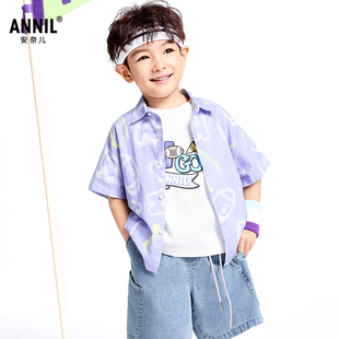 【商场同款】安奈儿童装男童翻领短袖衬衫2025夏棉麻混纺柔软透气