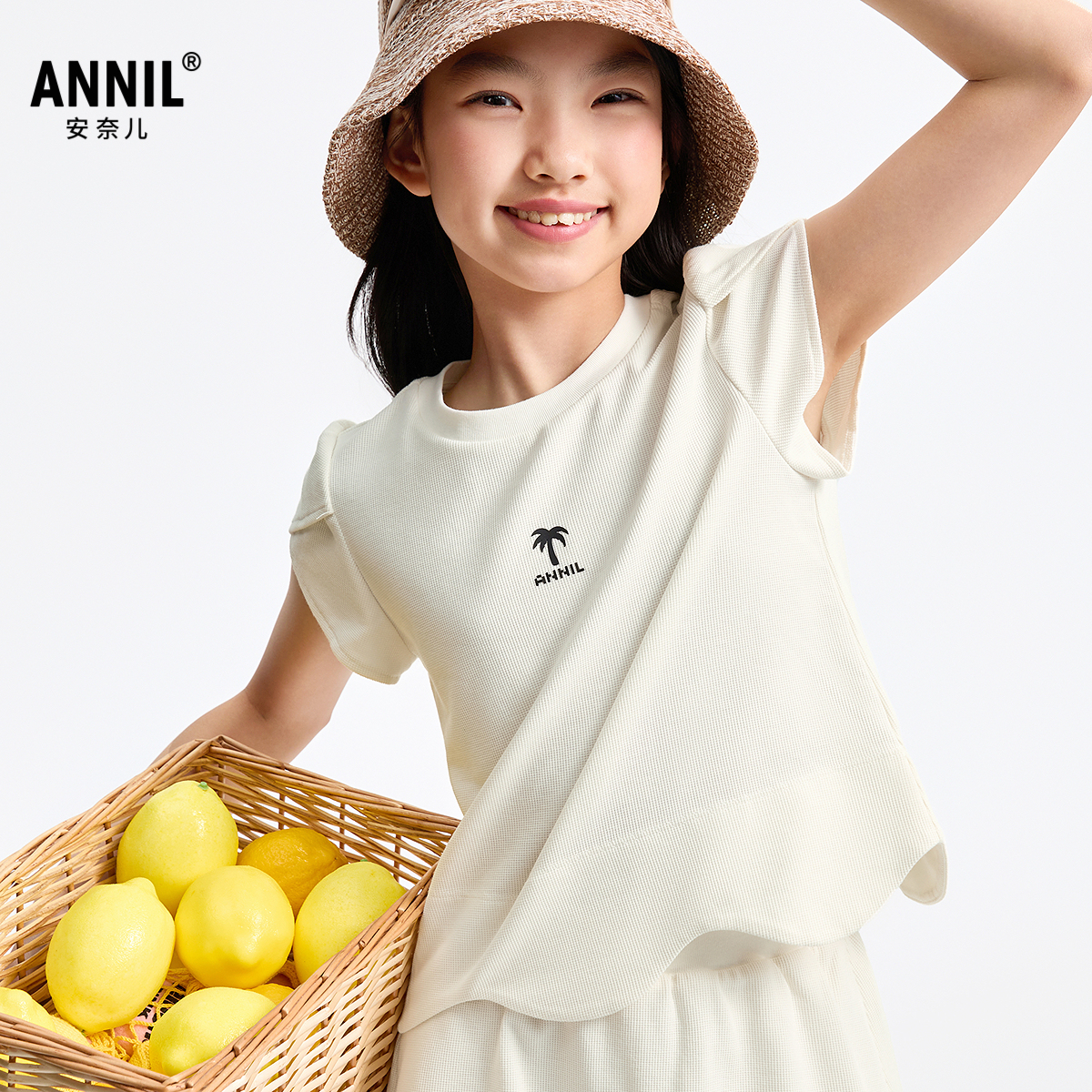 安奈儿童装女童圆领短袖裙子针织套装2025夏新款休闲甜美清新弹力