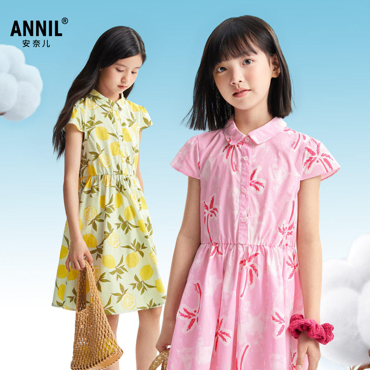 【100%棉】安奈儿童装女童短袖印花裙连衣裙2025夏翻领Polo裙子