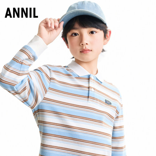 【商场同款】安奈儿童装男童翻领长袖POLO衫2026秋条纹衫简约时尚