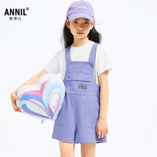 宽松紫色潮流弹力短裤 安奈儿童装 休闲时尚 2025夏新款 女童背带裤