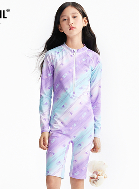 安奈儿童装女童连体泳衣裤长袖套装2025夏新款弹力收腰贴身紫色