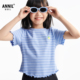 T恤2025夏新款 安奈儿童装 女童圆领短袖 甜美条纹弹力撞色潮流上衣