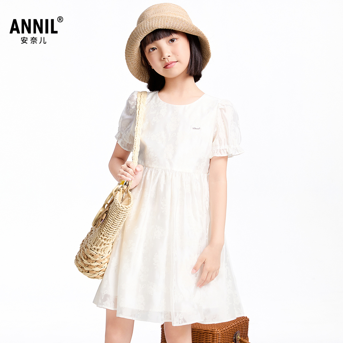 【商场同款】安奈儿童装女童短袖泡泡袖连衣裙2025夏优雅礼裙生日