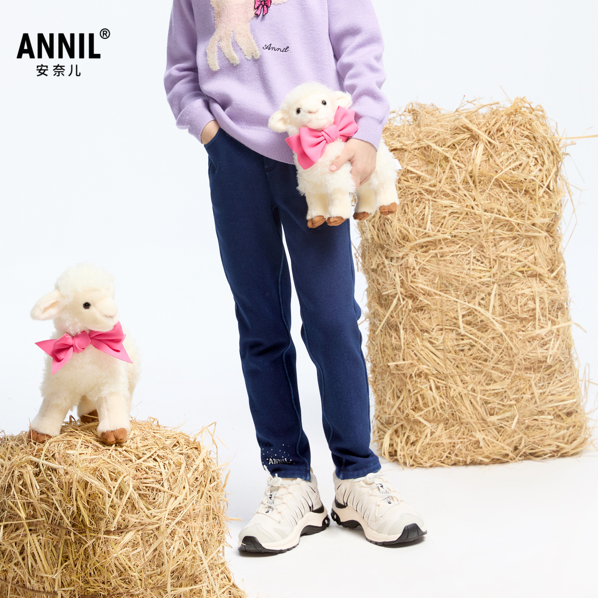 【商场同款】安奈儿童装女童针织牛仔裤2024冬新款加绒AG446814