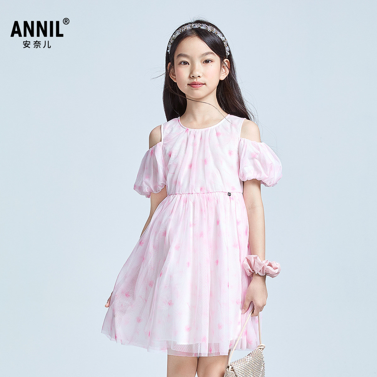【商场同款】安奈儿童装女童短袖礼裙2025夏新款露肩连衣裙网纱裙