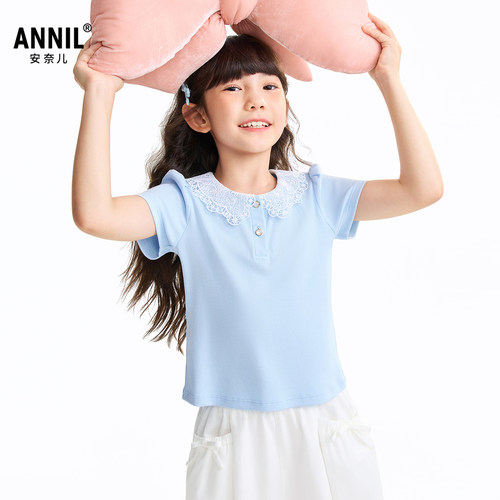 安奈儿童装女童翻领短袖T恤2026夏短版时髦显高花边翻领亲肤透气