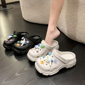 外穿沙滩2025年新款 女夏季 4cm厚底一体透气洞洞鞋 卡通包头半拖鞋