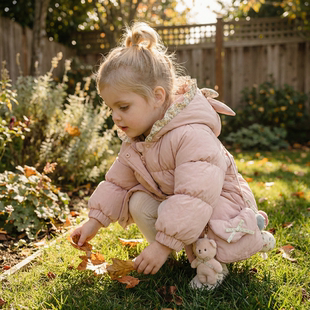 女童棉服2026新款冬装洋气宝宝粉色外套儿童精灵尖尖帽送包包棉衣