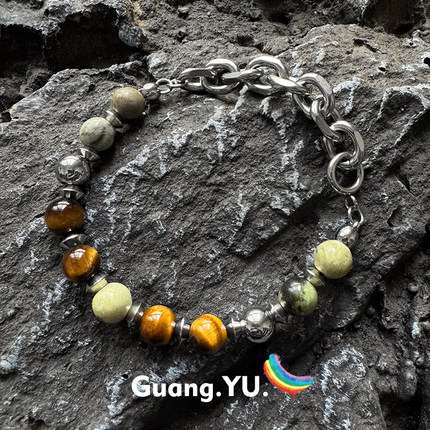 GuangYu新中式拼色串珠手链男复古虎眼石手串钛钢小众设计配饰潮