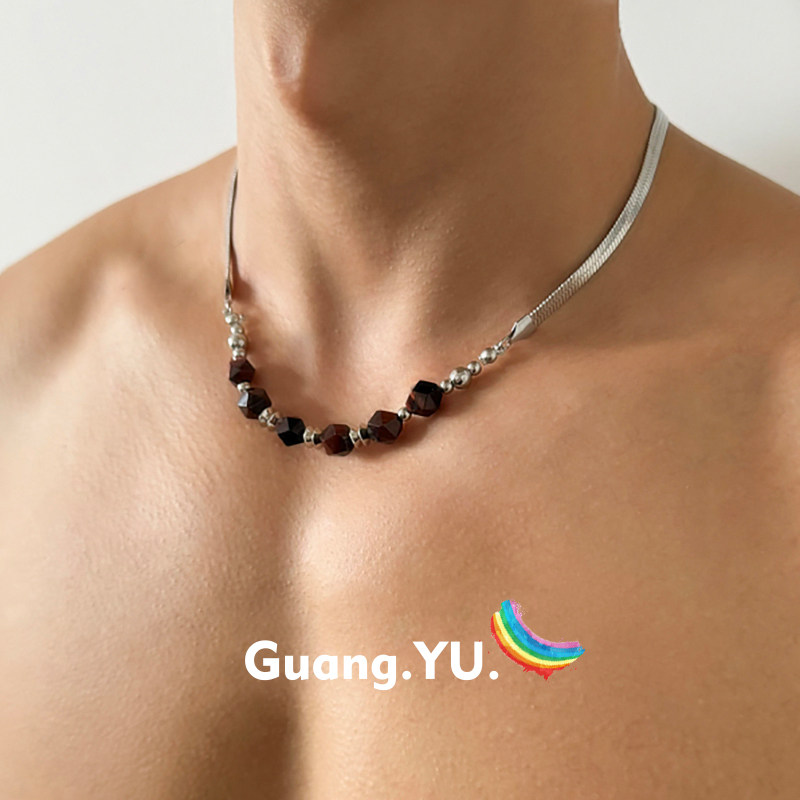 GuangYu虎眼石刀片钛钢项链男款复古串珠小众设计锁骨链配饰潮流