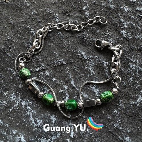 GuangYu绿纹石双层钛钢手链国风