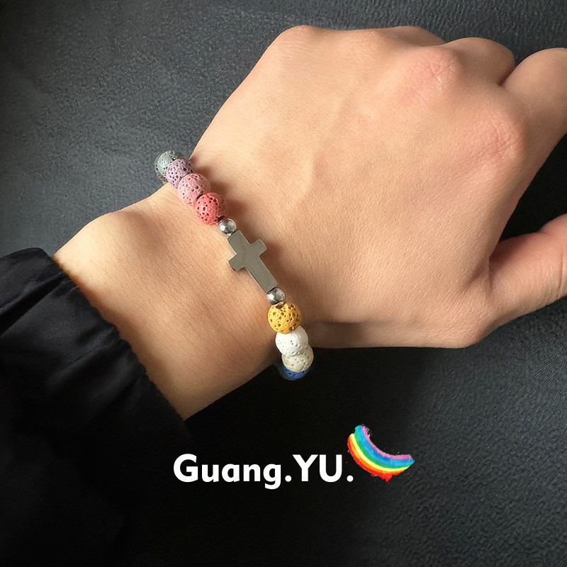 GuangYu彩色火山石十字架手链