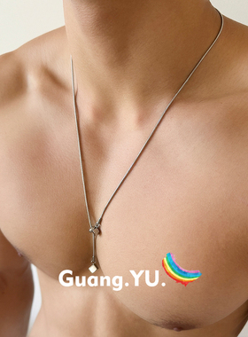 GuangYu金属方块长款毛衣链男钛钢项链抽拉式简约小众设计蛇骨链