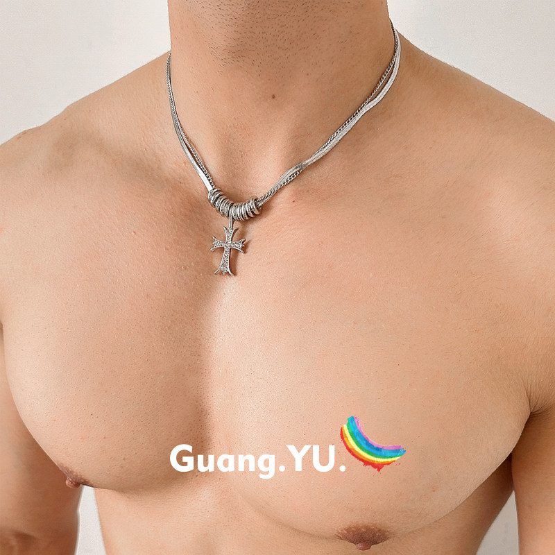 GuangYu双层潮酷十字架项链小众
